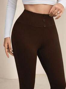Leggings de cintura alta de unicolor cómodos y casuales para mujer - Café integral - Ver 3