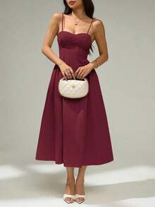 Vestido de verano elegante y estiloso de unicolor con tirantes de espagueti - Burdeos - Ver 5