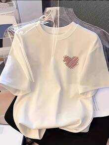 Camiseta Casual de Manga Corta para Mujer con Estampado de Corazón - Cuello Redondo, Lavable a Máquina, Top para Atuendo casual, Ajuste Relajado y Cómodo Todo el Año, Ropa Versátil, Diseño Sencillo, Básica y Duradera, Ideal para Amantes de la Moda - Blanco - Ver 6