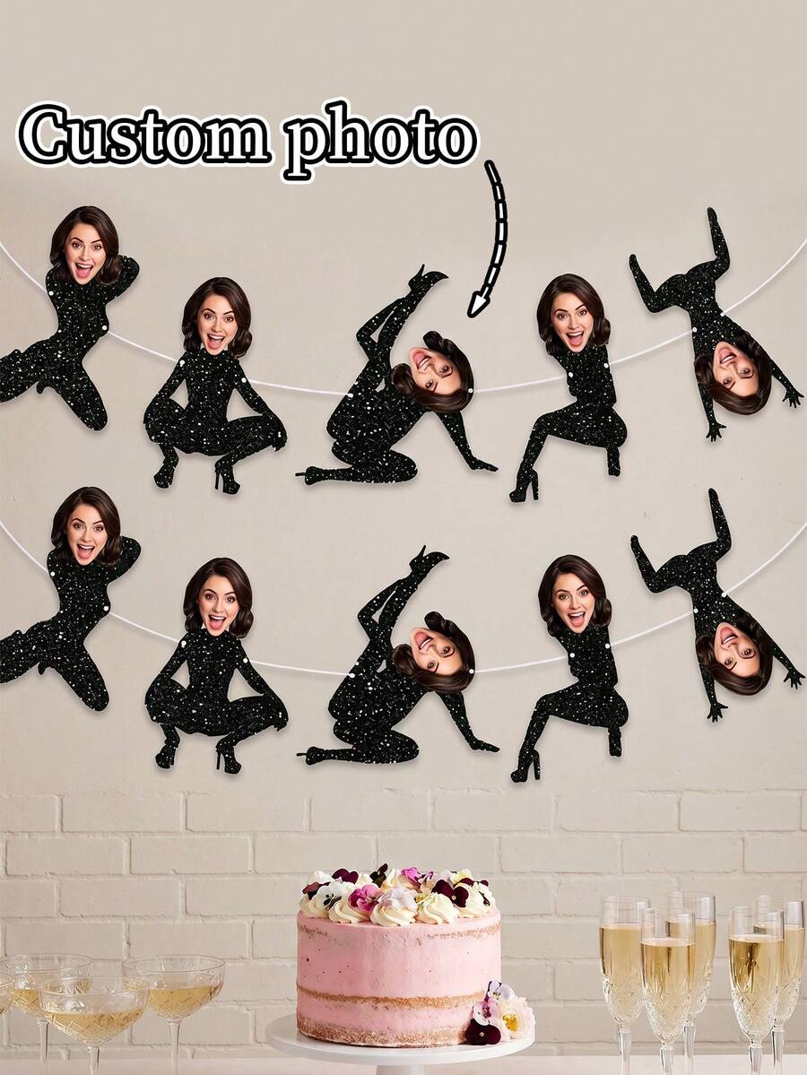 7/14/21pc Custom Photo Dancing Girl Party Banner, Personalized Face Bunting Flag, Funny Dancer Garland For Bachelorette Party, Birthday, Disco Themed Party, Fan Cheering, Friend Gathering - Multicolor - View 1