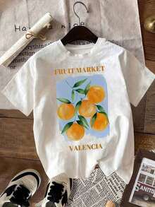 Women's Casual T-Shirt With Fruit Print - "Fruit Market Valencia" Design, Short Sleeve, Round Neck, Lightweight Polyester, Perfect For Spring And Summer, Casual Summer Wear | Fruit-Themed T-Shirt | Stylish Lettering. Excellent Gifts For Friends And Family. A Youthful And Modern Design, With A Loose Fit, 100% Cotton, Durable. - 白色 - 查看 1