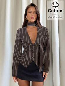 Chaqueta blazer de mujer con elegante estampado de lunares, adecuada para ir al trabajo - Marrón - Ver 9