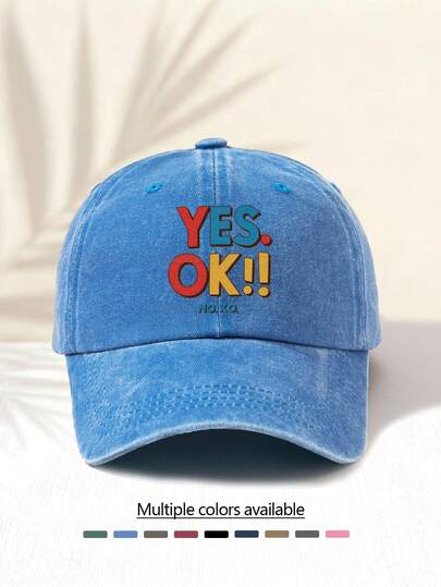 1顶水洗棒球帽，印有“YES OK !!”字母图案，复古美式简约休闲百搭时尚，高品质装饰配件，适合户外活动，男女通用