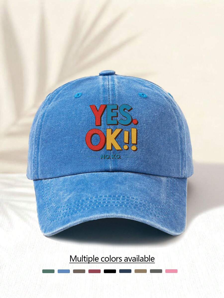 1pc Washed Baseball Cap With "YES OK !!" Letter Print Pattern, Retro American Style Minimalist Casual Versatile Fashionable, High-Quality Decorative Accessory Suitable For Outdoor Activities, Unisex