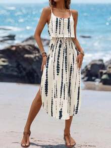 Vestido midi sin mangas con efecto tie-dye, con cintura ajustable y abertura, para el verano - Multicolor 2 - Ver 6