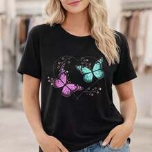 Camiseta de algodón puro para mujer, talla grande M-5XL, cuello redondo, manga corta, estampado de corazón de mariposa, corte holgado informal, suave y transpirable, top básico de verano, camiseta gráfica de moda para uso diario. Adecuada para primavera, verano y otoño. - Negro - Ver 7