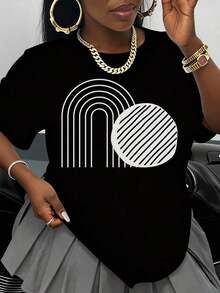 Camiseta Casual con Diseño Geométrico en Blanco y Negro, Camiseta de Mujer Casual de Talla Grande con Estampado Gráfico, Top de Moda, Estilo Minimalista, Estampado Artístico, Ropa de Verano, Estilo Streetwear, Patrón Abstracto Moderno, Ropa para Uso Diario, 100% Algodón, Duradera - Negro - Ver 1