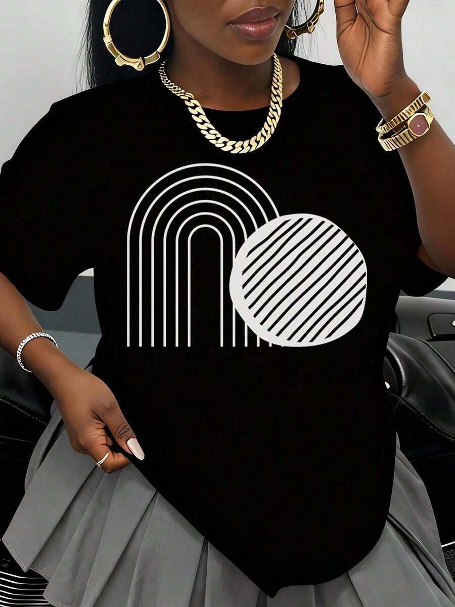 Camiseta Casual con Diseño Geométrico en Blanco y Negro, Camiseta de Mujer Casual de Talla Grande con Estampado Gráfico, Top de Moda, Estilo Minimalista, Estampado Artístico, Ropa de Verano, Estilo Streetwear, Patrón Abstracto Moderno, Ropa para Uso Diario, 100% Algodón, Duradera - Negro - Ver 1