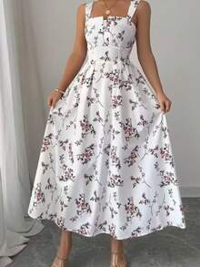 Vestido largo sin mangas estampado con cintura ajustable estilo dulce casual - Blanco - Ver 4