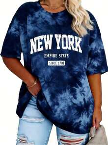 Plus Size Women's Mid-Length Short-Sleeve T-Shirt, Casual And Loose Style, With "New York" Letter Print On The Round Neck - 多色 2 - 查看 4