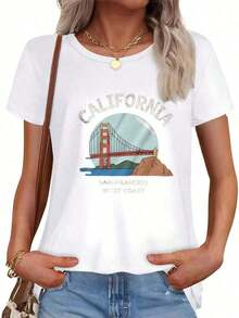 Camisa de lino casual con estampado del Puente Golden Gate de San Francisco - Camisa, conjunto de jeans y zapatillas de deporte de California West, estilo playero con sombrero de paja de verano, para el Día de los Héroes, Día del Trabajo y vacaciones de verano, top casual de manga enrollada Wo2026 - Sudadera con estampado gráfico - Estilo callejero vintage, unisex, holgada, de algodón, de manga corta y cuello redondo. Blusas para mujer. blusas.blusas casuales para dama. - Blanco - Ver 2