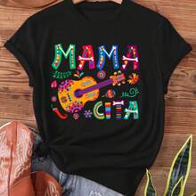 Mama Cita Mexican Graphic T-Shirt, Casual Short Sleeve Crew Neck T-Shirt Perfect For Spring And Summer, Women's Clothing - 黑色 - 查看 1