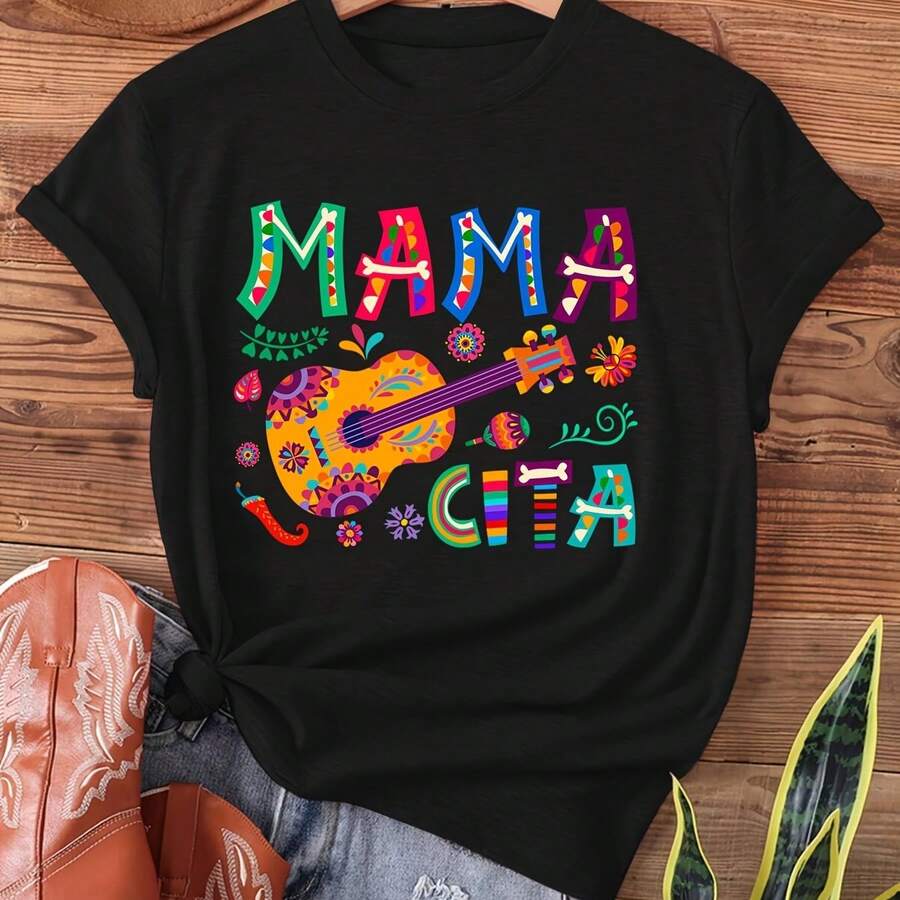 Mama Cita Mexican Graphic T-Shirt, Casual Short Sleeve Crew Neck T-Shirt Perfect For Spring And Summer, Women's Clothing - 黑色 - 查看 1
