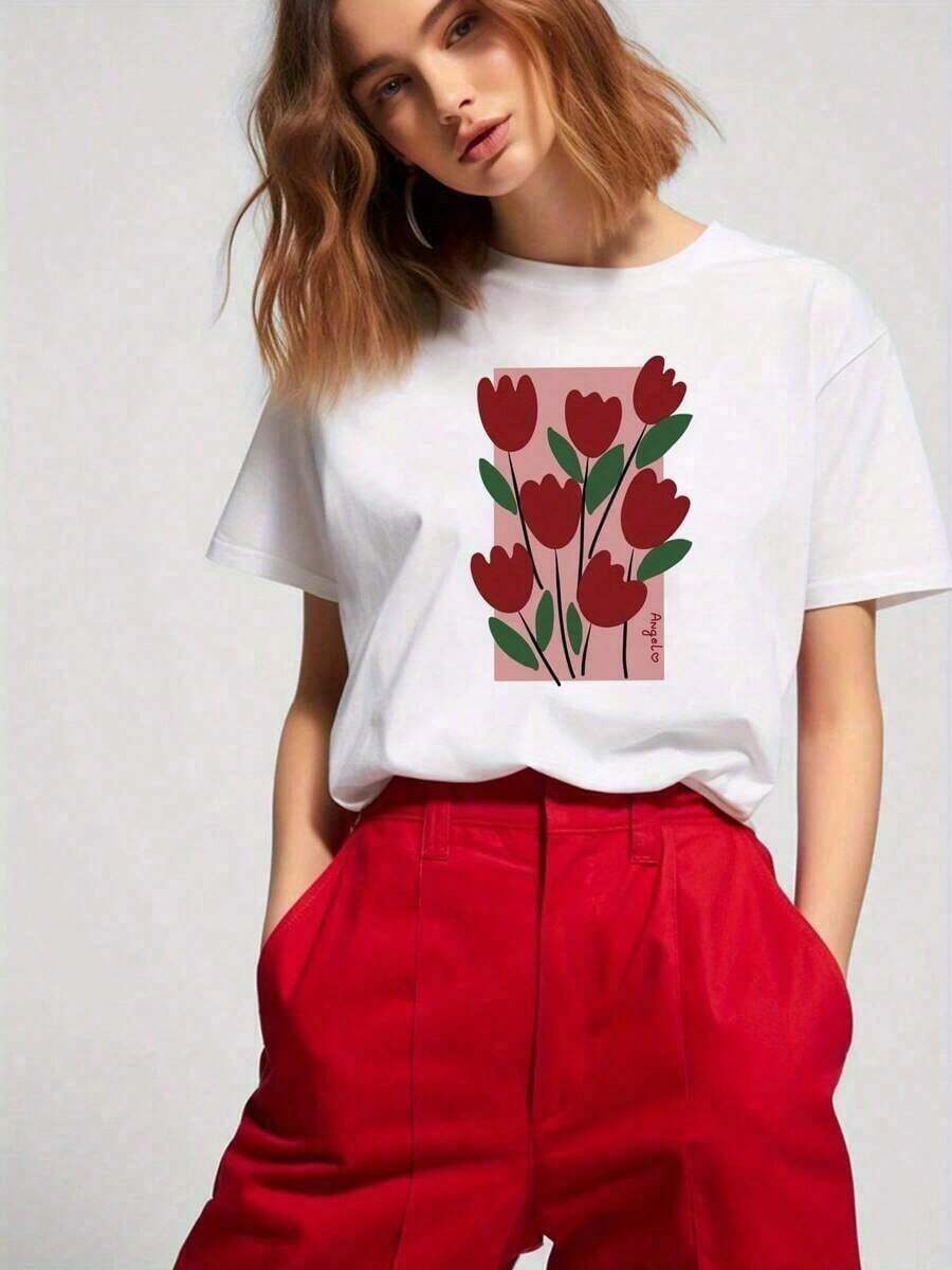 1 pieza, 2026, Camiseta de manga corta de primavera-verano para mujer con estampado de tulipanes rojos, sencilla y linda, de cuello redondo - Nueva camiseta navideña para mujer, ropa de vacaciones, verano, camisas, camisa blanca, camisetas estampadas, tops de verano, top, tops. - Blanco - Ver 1