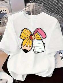 Women's Colorful Print Heart-Shaped Bow Top - Round Neck, Loose Fit Graphic Top Cute Outfit Teacher Daily Comfortable Washing Machine All Season Special Edition Gift Sport Shirt Blouse Long Versatile Layering Piece, Regular Fit, Round Neck, Short Sleeve, Spring-Summer, Ideal For Daily Wear, Fashion Category. - 白色的 - 查看 2