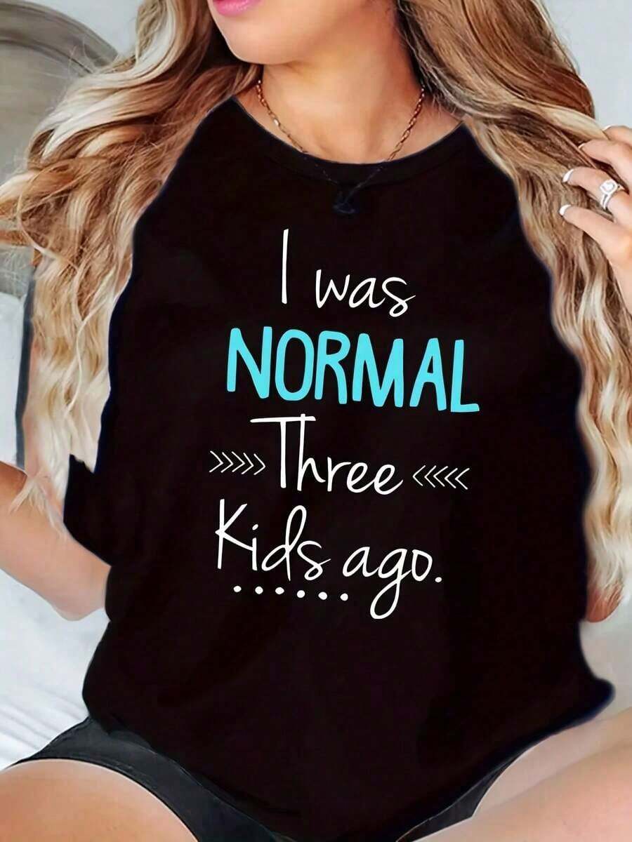 New Women's Summer Casual T-Shirt With Round Neck, Graphic Print 'I Was Normal Three Kids Ago', Casual Maternity Top, 220g - Urban Vintage Style, Unisex, Cotton, Short Sleeve, Round Neck - 黑色 - 查看 1