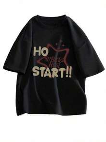 Men's Howbbers Her Start Pure Cotton Short-Sleeve T-Shirt With Star Print, Casual And Modern Style, Breathable And Comfortable, Ideal For Everyday Wear, Matching Set For Couples,  Unisex Summer T-Shirt. 100% Cotton - 黑色 - 查看 1