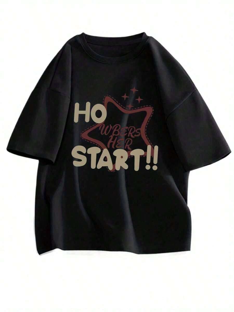 Men's Howbbers Her Start Pure Cotton Short-Sleeve T-Shirt With Star Print, Casual And Modern Style, Breathable And Comfortable, Ideal For Everyday Wear, Matching Set For Couples, Unisex Summer T-Shirt. 100% Cotton - 黑色 - 查看 1