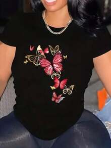 Talla Grande - Camiseta Casual Elegante de Cuello Redondo para Mujer de Talla Grande con Estampado Colorido para Primavera y Verano - Estilo Urbano Vintage Unisex, Camiseta Holgada de Manga Corta con Cuello Redondo 100% Algodón Puro - Negro - Ver 6
