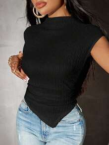 Camiseta de punto con bajo asimétrico de unicolor para mujer, primavera - Negro - Ver 3