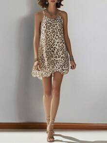 Vestido corto de tirantes con estampado de leopardo, corte holgado estilo vacacional, nueva colección primavera 2026 europeo americano - estampado de leopardo - Ver 2