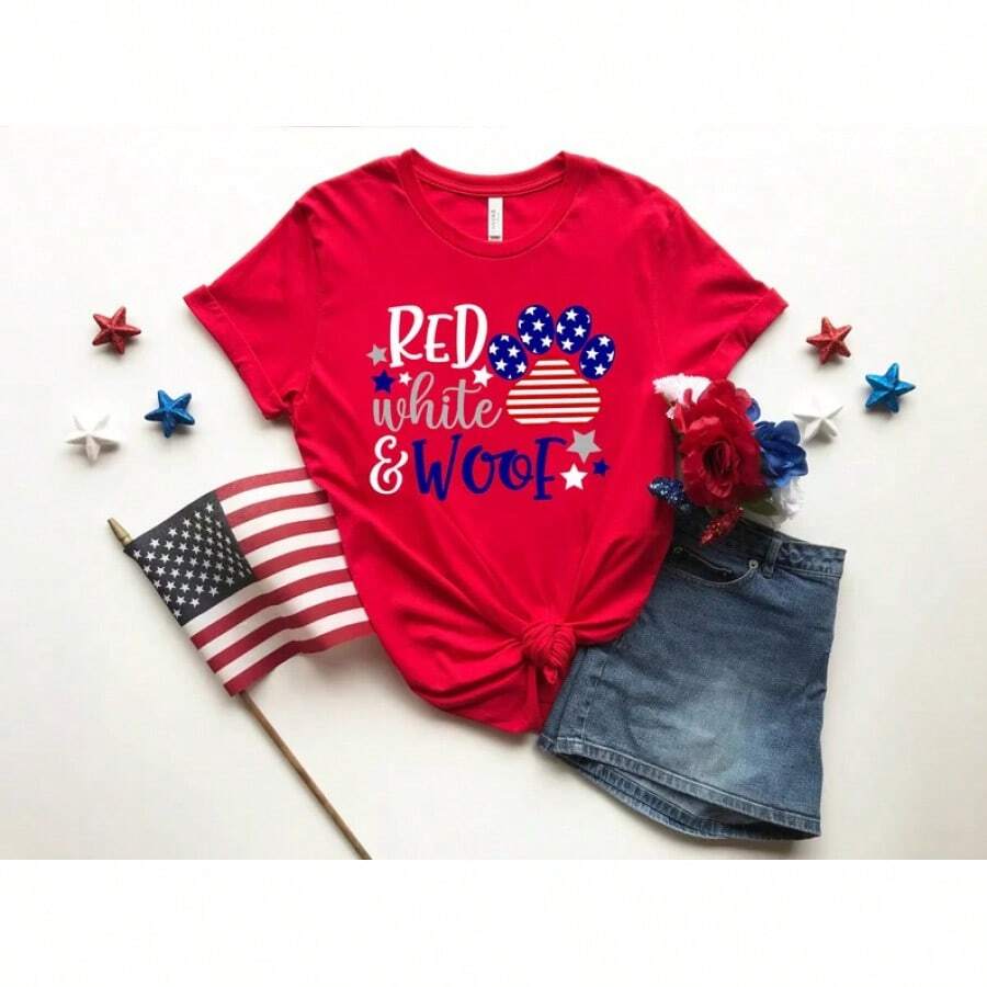 Red, White, And Blue T-Shirt, 4th Of July T-Shirt, Gift For Americans, Patriotic T-Shirt, Freedom T-Shirt, Independence T-Shirt, Red, White, And Blue Blouses For Women > Women's Blouses - 紅色 - 查看 1