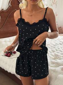 Conjunto de pijama para mujer, de tela de canalé tejida, con estampado de corazones en patchwork con adorno de encaje, fresco, pastoril, romántico, dulce, lindo y sexy camiseta y shorts, adecuado para uso exterior - Negro - Ver 6