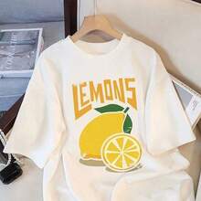 2026 Summer Tops, New Arrival Summer, Fresh Lemon Print, Breathable Casual Short Sleeve T-Shirt, Comfortable Cotton O-Neck Top - White - View 5