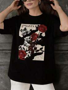 1 Piece Of Washed Cotton T-Shirt For Women, With Vintage Print Of Red Roses And Newspaper, Made Of Pure Cotton, Short Sleeve And Loose Fit, For People With Vintage Style, Halloween, Day Of The Dead, Leisure At Home, Weekend Outings, Vintage T-Shirt For People With Sensitive Skin. - 黑色 - 查看 4