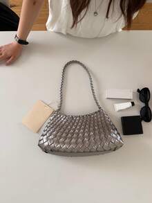 2026 New Handmade Woven Coffee Color Casual Shoulder Bag, Underarm Bag, Mother-Child Bag, Business Women's Commuter Bag, Suitable For Work, Shopping, Dating, Travel, School And Other Daily Use (Accessories Not Included) - Silver - View 6