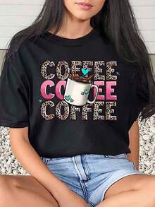 1 Piece Women's T-Shirt With Leopard Print And Text Design, Casual Daily Wear, Round Neck, Short Sleeve, Comfortable, 220G180g 100% Cotton - 黑色 - 查看 10