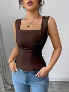 Camiseta sin mangas de verano ajustada de cuello cuadrado de unicolor elegante y casual para mujer - Café integral - Ver 6