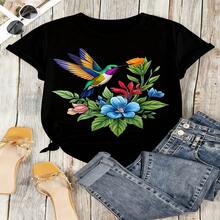 Hummingbird Floral Graphic T-Shirt, 100% Cotton Oversized Soft Breathable Casual Crewneck Short Sleeve Top, Spring Vibes Aesthetic Summer Tee for Nature Lovers - Negro - Ver 6