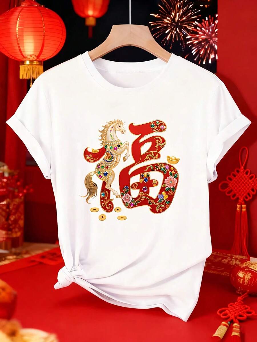 Women's Short Sleeve T-Shirt, Elegant, Year Of The Horse 2026 | Soft And Comfortable Crew Neck, Fashionable Print, Ideal For Spring/Summer/Autumn, Sizes S-XXL - 白色 - 查看 1