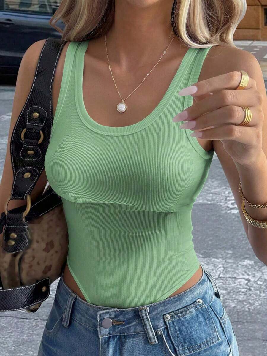 Mono de lunares acanalado sexy estilo Y2K, top ajustado sin mangas de cuello en U, mono acanalado de lunares estilo retro americano - verde menta - Ver 1