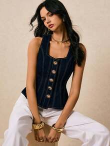 Nuevas blusas de mezclilla para mujer con cuello cuadrado, tirantes, decoración de hebilla metálica, volantes en la cintura y bajo, para otoño.Blusas de mezclilla azul oscuro, elegantes y de estilo francés para uso diario y viajes.Blusas verdes - Azul lavado oscuro 2 - Ver 7