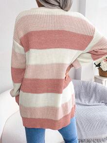Women's Striped Cardigan Sweater Fall Winter Color Block Long Sleeve Puff Sleeve Open Front Knit Jacket With Pockets - Hồng - Xem 3