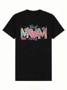 Women's Summer T-Shirt, Casual, Soft, Round Neck, Short Sleeve, With Pink Heart Floral Print, "World's Best Mom". Black. - 黑色 - 查看 4