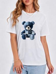 Playera Casual Mujer "Oso Teddy Denim" - Blanca con Estampado de Oso con Lentes de Sol - Blanco - Ver 3