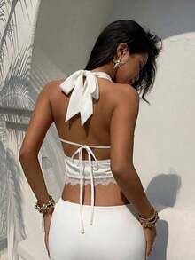 Nuevo Camisol de Mujer con Cuello Halter, Espalda Descubierta y Tirantes con Lazo, Diseño de Encaje y Parches, Adecuado para Vacaciones y Playa - Blanco - Ver 2