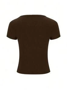 Camiseta casual ajustada de mujer con cuello en V, manga corta y corta - Café integral 2 - Ver 4
