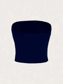 Top casual ajustado sin tirantes negro para mujer, adecuado para el verano - Azul marino - Ver 2