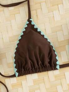 Bikini de 2 piezas de unicolor con escote halter y lazos, sexy y elegante para playa, vacaciones, viajes y fiestas. Nuevo para primavera/verano - Brown Lake Blue Bud - Ver 5