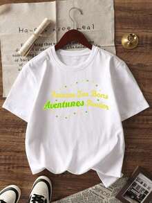 Camiseta de manga corta de gran tamaño para mujer, con estampado gráfico de eslogan francés y lunares, cuello redondo, estilo Y2K, corte holgado, top casual, ropa urbana transpirable y ligera para uso diario, festivales de música, viajes a la playa, vacaciones, escapadas de fin de semana, camping, viajes por carretera, perfecta para estilo urbano, salidas casuales, campus universitario y looks de aventura de verano. VUXL - Blanco - Ver 6