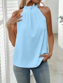Blusa plisada de unicolor, versátil y casual para uso diario - Azul - Ver 6