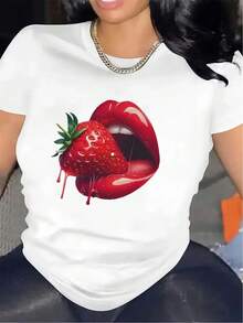 Camiseta de manga corta con diseño de labios de fresa | Duradera y cómoda, ideal para comidas casuales y uso diario, top de tela ligera, cuello redondo, elasticidad media[COD] - Blanco - Ver 1
