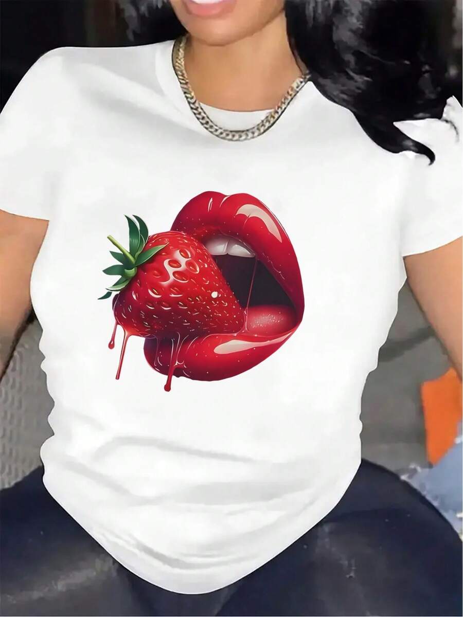 Camiseta de manga corta con diseño de labios de fresa | Duradera y cómoda, ideal para comidas casuales y uso diario, top de tela ligera, cuello redondo, elasticidad media[COD] - Blanco - Ver 1