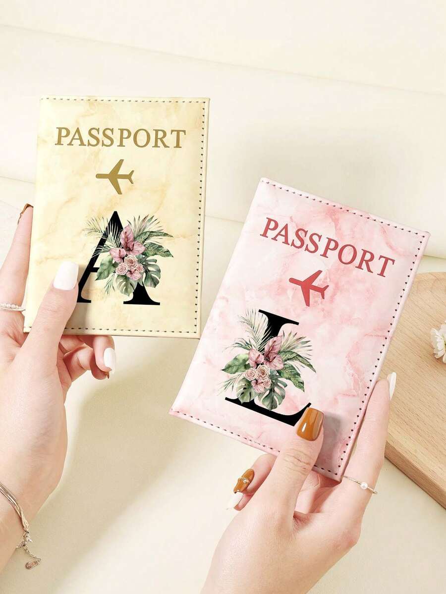 1pc A-Z 26 Letters Fashionable Letter Print Stylish Burgundy Passport Cover, Premium PU Leather Passport Wallet With Multi-Card Pockets For Credit Cards, Boarding Passes, And IDs, Compact And Portable Travel Essentials Organizer For Women, Men - Pink - View 1