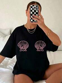 1 Piece Women's Shell Print Short Sleeve T-Shirt - Loose Fit, Off Shoulder Top With Soft Pink Shell Print - Breathable Casual Beachwear - Machine Washable Casual T-Shirt, Summer Clothes, Fashionable Fun Print T-Shirt, Adult Size 180g 100% Cotton. - 黑色 - 查看 12