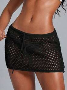 Swim Lushoire Falda pareo con dobladillo ondulado para la playa, con patrón geométrico perforado y floral - Negro - Ver 4